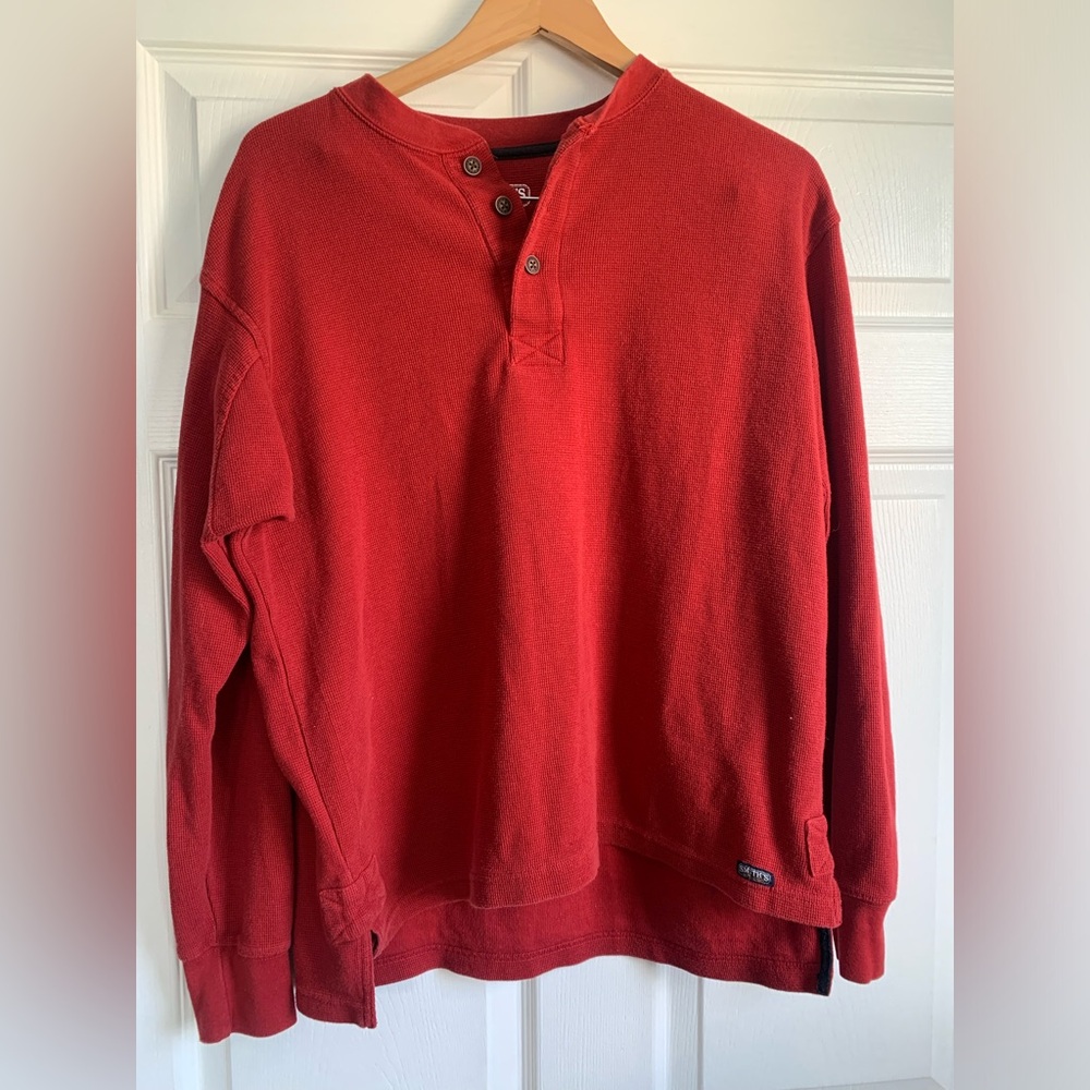 SMITH'S Men's L Red Waffle Knit Thermal Henley Shirt - Cotton Blend